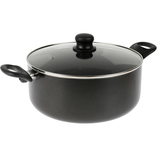 209020 - CREALYS 529423 Tigan Alumini i Presuar, Diametri 28 cm, Gri i Errët, Dorëza Rezistente ndaj Nxehtësisë, Shtresë Jo-Ngjitëse e Zezë, Kapak Qelqi me Avull, i Përshtatshëm për të Gjitha Llojet e Sobave, Përfshirë Induksionin