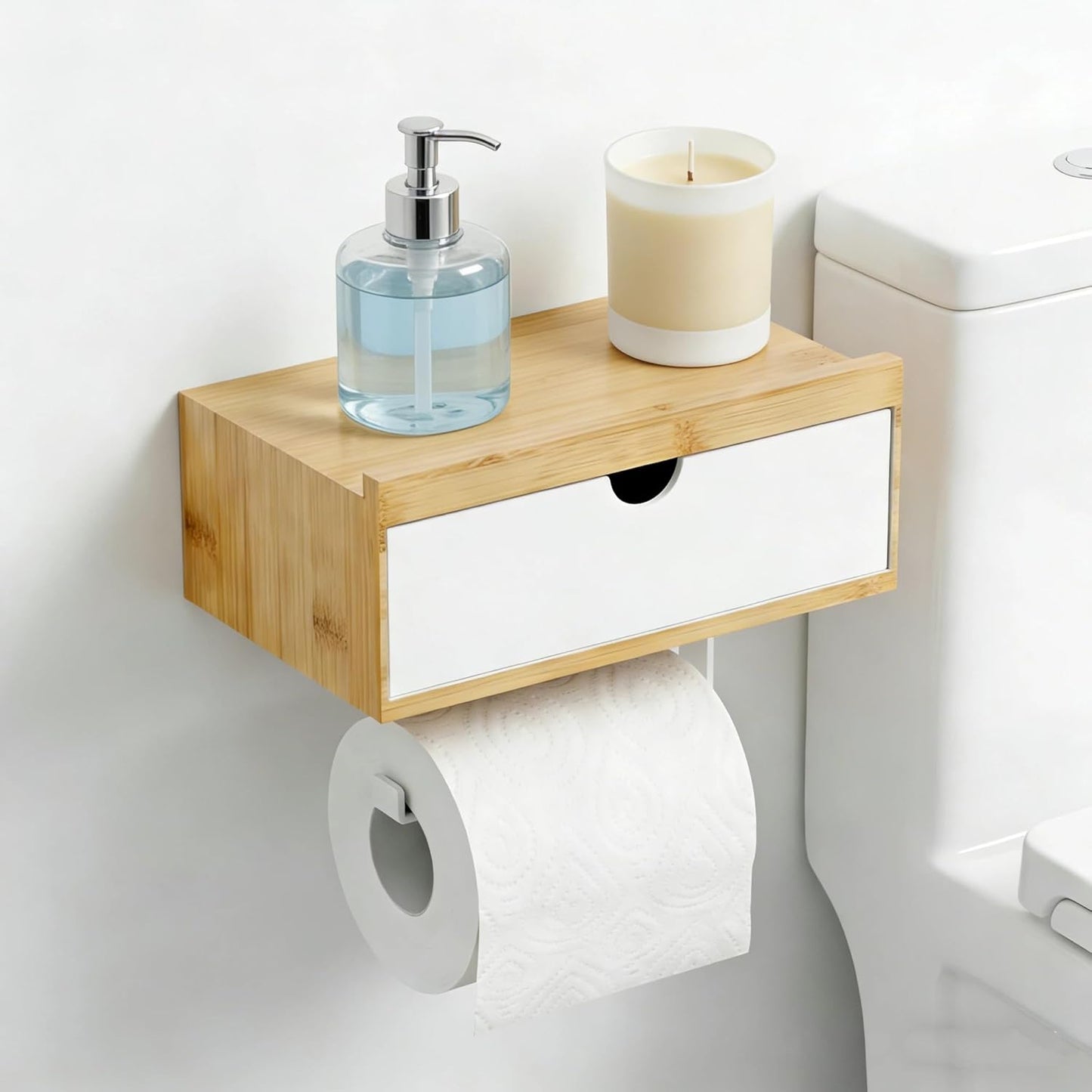 215558 - VNINKUL Mbajtëse letre higjienike prej bambuje, Mbajtëse letre higjienike e montuar në mur 23.5 x 16 x 14.5 cm, Dispenser letre higjienike i montuar në mur me sirtar depozitimi për kuzhinë, zyrë, banjo (e bardhë)
