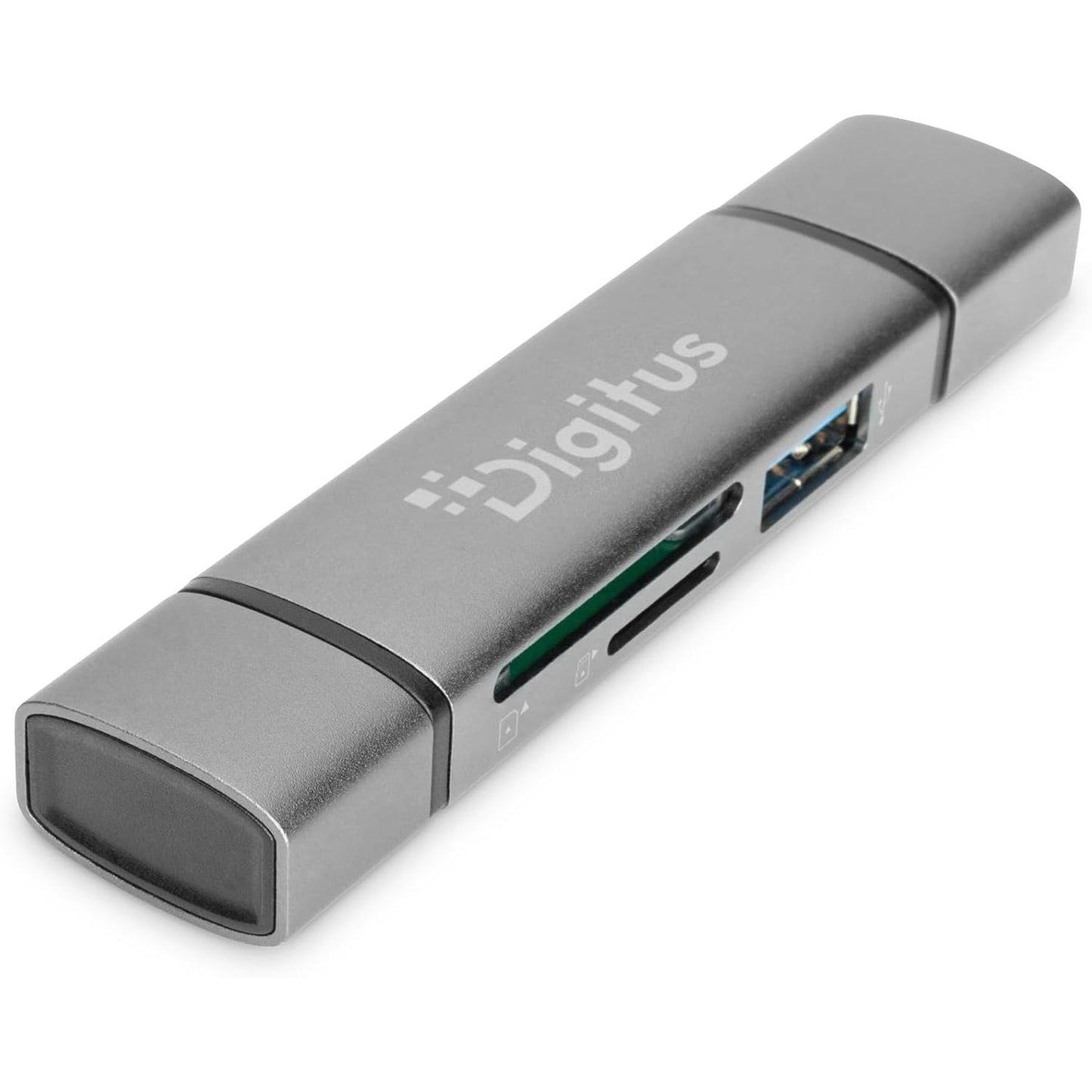 268816 - DIGITUS Lexues Kartash me Dy Hub - USB-A dhe USB-C - Lexues Kartash SD dhe Micro-SD - Hub USB 3.0 me 1 Portë - Gri