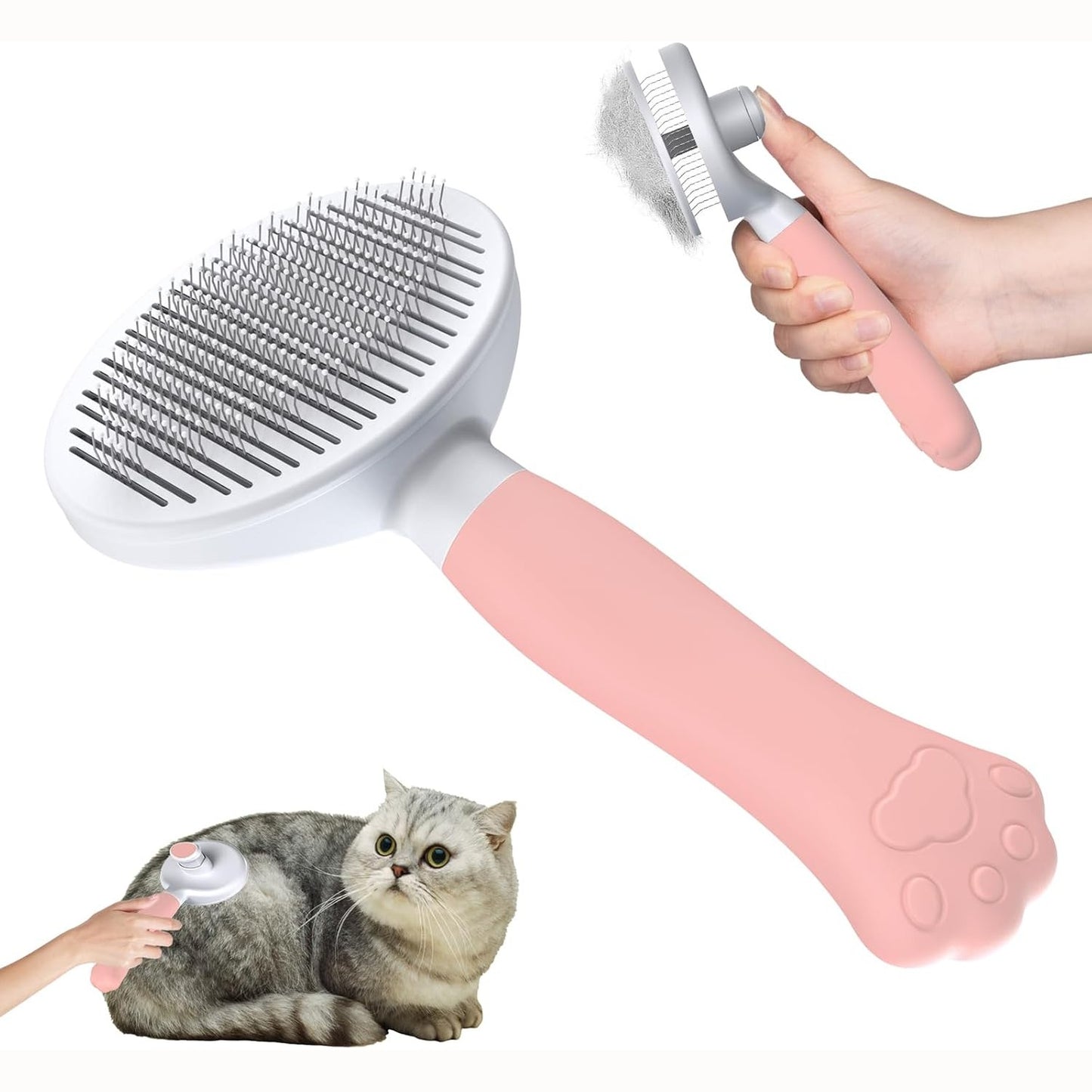 258096 - ZIVACATE | Furçë për mace dhe qen, dorezë ergonomike, vetëpastruese, për qime të shkurtra dhe të gjata, Rozë