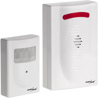214477 - GREEN BLUE Detektor Lëvizjeje Pa Tel GB3400 me Alarm, Sensor Mini Alarmi Pa Tel deri në 120m, IP44 Rezistent ndaj Motit, 5 Melodi
