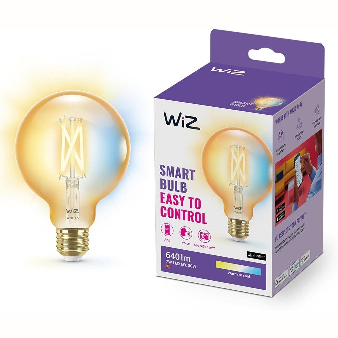 228369 - WIZ Llambë LED inteligjente Wi-Fi 6.7W (ekuivalente me 50W), me bazë G125 E27, filament ngjyrë qelibar, dritë e bardhë me errësim, me teknologjinë SpaceSense dhe e pajtueshme me Alexa dhe Google Home