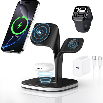 266423 - Apple Stacion karikimi 3-në-1 për Apple Watch dhe iPhone, karikues magnetik MagSafe, për iPhone 17/16/15/14/13/12, Apple Watch 11/10/9/8/7/6/5/4/3/2 SE Ultra, AirPods Pro/4/3/2 (me adaptor energjie 20W)