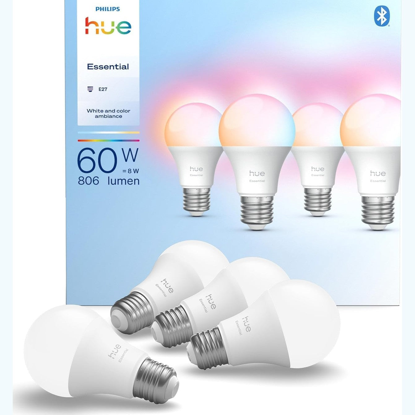 260261 - PHILIPS Hue Essential Ampoule Connectée LED A60, Ambient i Bardhë dhe me Ngjyra, E27, 8W, 2200-6500 K, 806 lm, Intensitet i rregullueshëm, Pajtueshëm me Alexa, Google dhe Apple Home, Pako prej 4