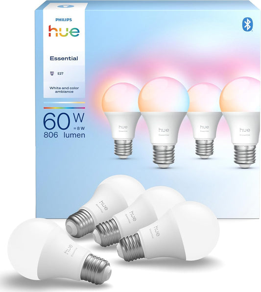 260263 - PHILIPS Hue Essential Ampoule Connectée LED A60, Ambient i Bardhë dhe me Ngjyra, E27, 8W, 2200-6500 K, 806 lm, Intensitet i rregullueshëm, Pajtueshëm me Alexa, Google dhe Apple Home, Pako prej 4