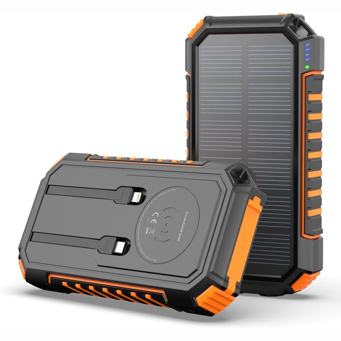 266466 - RIAPOW Bankë energjie diellore pa tel 27000mAh, karikim të shpejtë 22.5W, me 2 kabllo dhe dritë LED, USB C PD QC 3.0 për telefon dhe tablet kamping (portokalli)