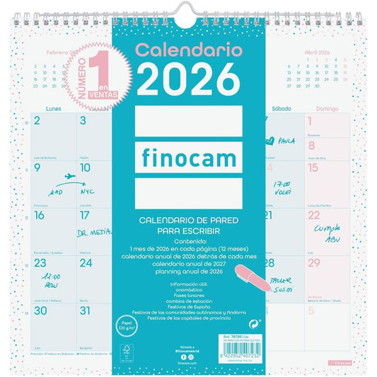 190383 - FINOCAM - Kalendari i Murit 2026, Pamje Mujore Janar - Dhjetor (12 Muaj), Kalendari për Shënime, Planifikues Mujor në Ngjyrë Turkuaz - Spanjisht