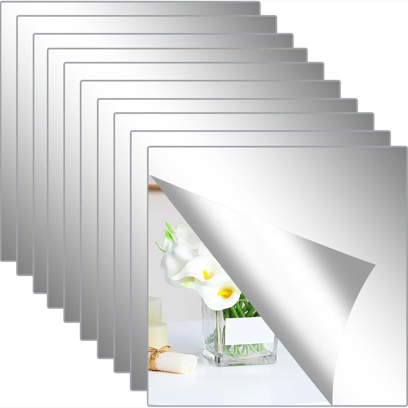 252543 - HODE Set pasqyrash vetëngjitëse 10 pjesë, 20x20cm, pasqyra akrilike vetëngjitëse, trashësi 2 mm, për banjo, dhomë ndenjeje, dhomë gjumi