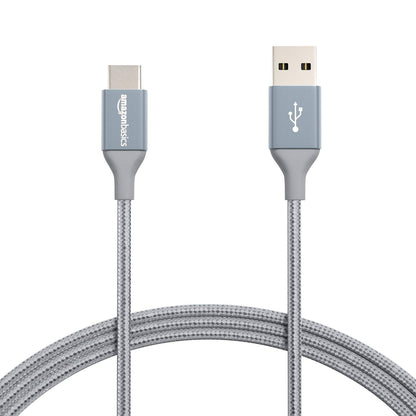 320629 - AMAZON BASICS Kabllo karikimi të shpejtë, USB-C në USB-A 2.0, 1.8 m, 480 Mbps, i thurur me najlon, gri e errët