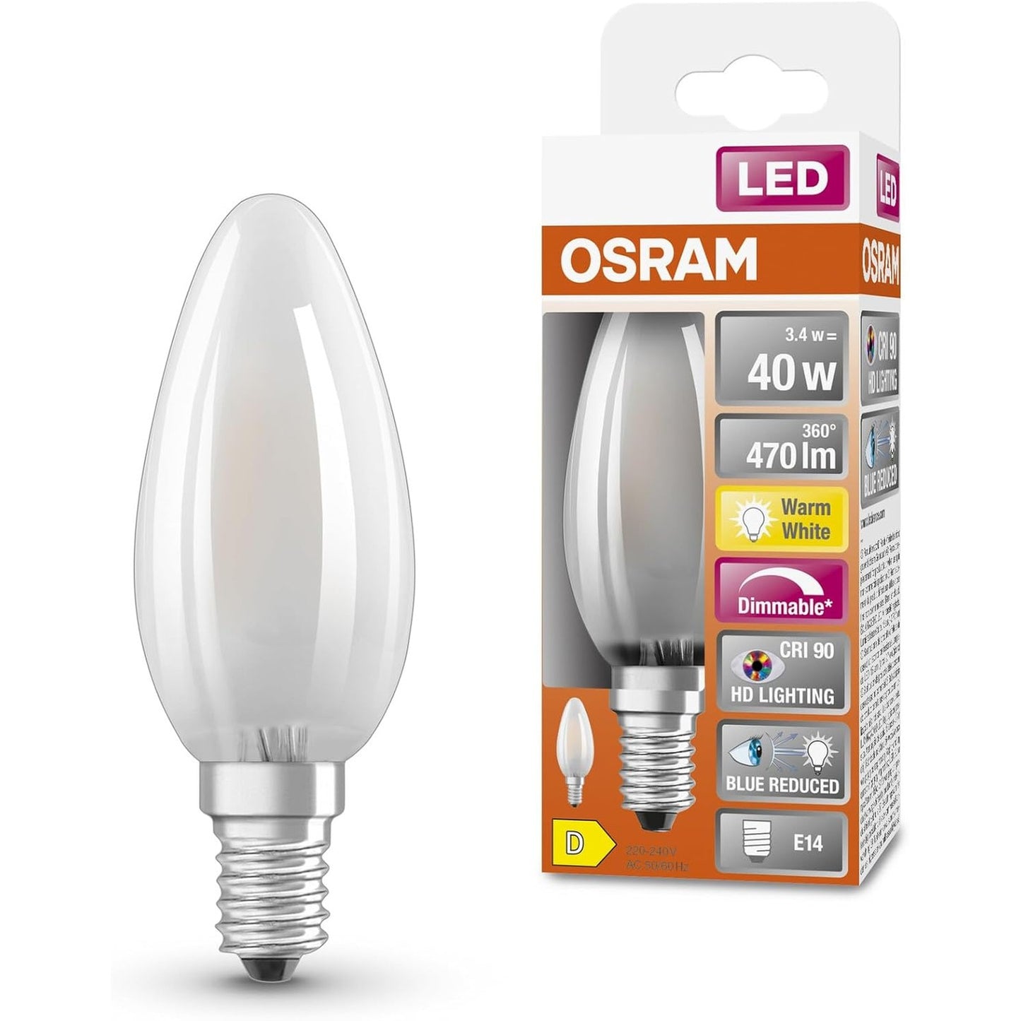 169021 - OSRAM - Llambë LED Superstar E14, me errësim, xham i ngrirë, e bardhë e ngrohtë (2700K), 470 Lumen, Zëvendëson Llambat 40W, Renderim i Lartë i Ngjyrave (CRI90), Ngrirë, Pako me 1