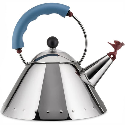 239297 - ALESSI ÇAJNIK 9093, çelik inox 18/10, sipërfaqe e lëmuar, dorezë dhe fishkëllimë zogjsh - Blu e çelët