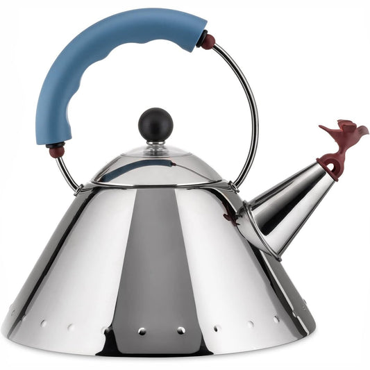 239297 - ALESSI ÇAJNIK 9093, çelik inox 18/10, sipërfaqe e lëmuar, dorezë dhe fishkëllimë zogjsh - Blu e çelët
