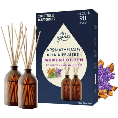 298391 - GLADE Difuzues Aromaterapi në Kalamë - 2 Difuzues dhe 16 Kalamë - Vajra esencialë - Deri në 90 ditë aromë - Momenti i Zenit, Livando dhe Dru Sandali