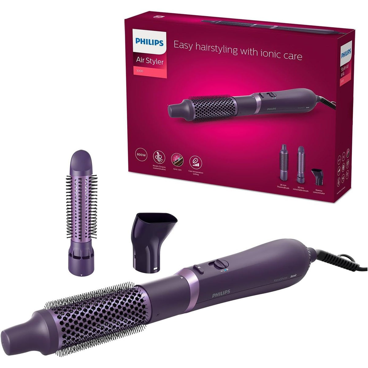 300508 - PHILIPS Seria 3000 Air Styler, Stilues Flokësh me Grykë, Furçë Termike 38 mm dhe Furçë 30 mm me Rreshta Furçash të Tërheqshme, Modeli BHA305/00
