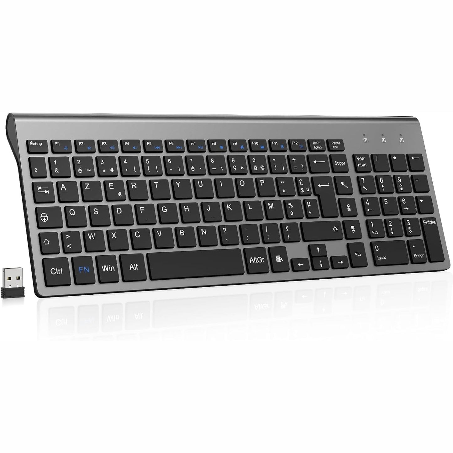273539 - CIMETECH Tastierë pa tel, tastierë franceze AZERTY me marrës Nano USB 2.4GHz, ergonomike, e pajtueshme me Windows/MacOS, laptop PC - gri