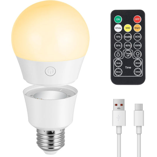 215369 - Llampa LED E27, Llampë e Rikarikueshme me Telekomandë, Llampë LED me 3 Ngjyra dhe Bateri me Errësim