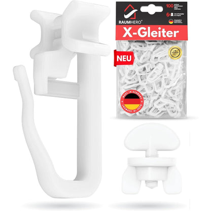 169146 - RAUMHERO Set i Plotë me 100 X-Gliders për Shina Perdesh, Madhësi Standarde 6 mm, Duke Përfshirë 6 Ndalesa - Grepë Perdesh për Shina - 100% Prodhuar në Gjermani