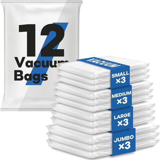 136585 - VACUM BAGS - Pako me 12 Qese Vakumi për Rroba (3 Jumbo, 3 të Mëdha, 3 të Mesme, 3 të Vogla) - Ideale për Batanije, Jorganë, Jastëkë dhe Udhëtime