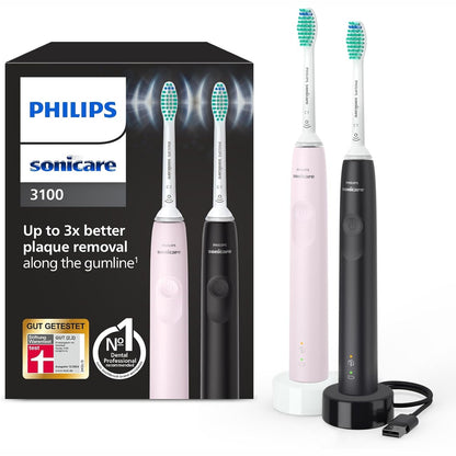 289471 - PHILIPS Furçë dhëmbësh elektrike Sonicare 3100, kontroll presioni dhe kohëmatës, Sugar Rose dhe Black, pako me dy pjesë, modeli HX3675/15