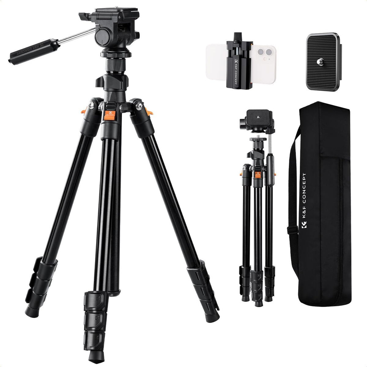 309650 - K&F CONCEPT Tripod për Kamerë dhe Smartphone 196cm me Kokë 3-Kryesore