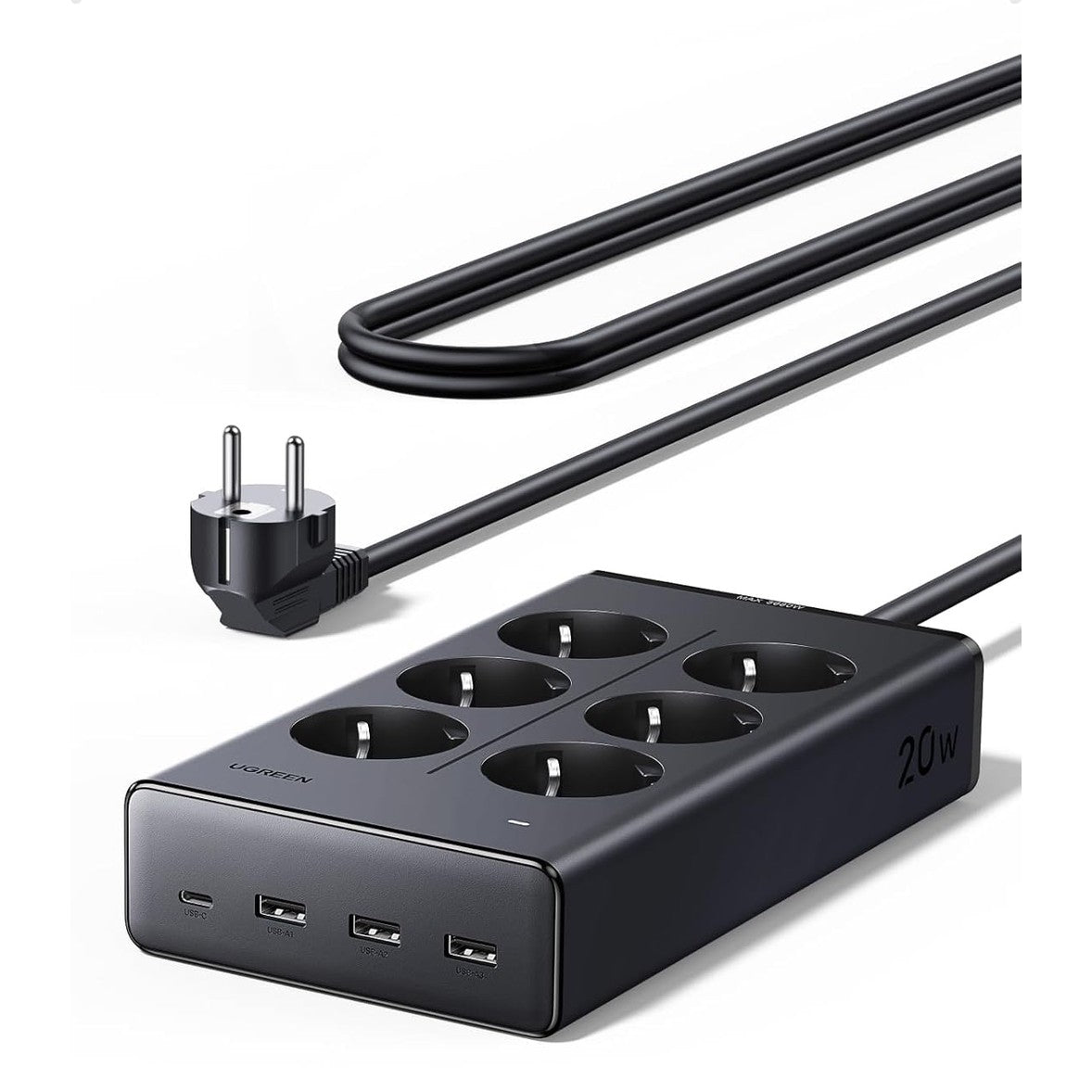273974 - UGREEN Shirit rryme 10-në-1, 3680W, 6 priza AC, 4 porta USB, mbrojtës nga mbitensionet, USB-C, PD 20W, kabllo zgjatuese 1.5M, e zezë