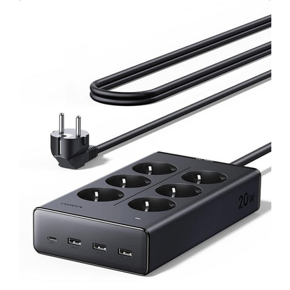 273974 - UGREEN Shirit rryme 10-në-1, 3680W, 6 priza AC, 4 porta USB, mbrojtës nga mbitensionet, USB-C, PD 20W, kabllo zgjatuese 1.5M, e zezë
