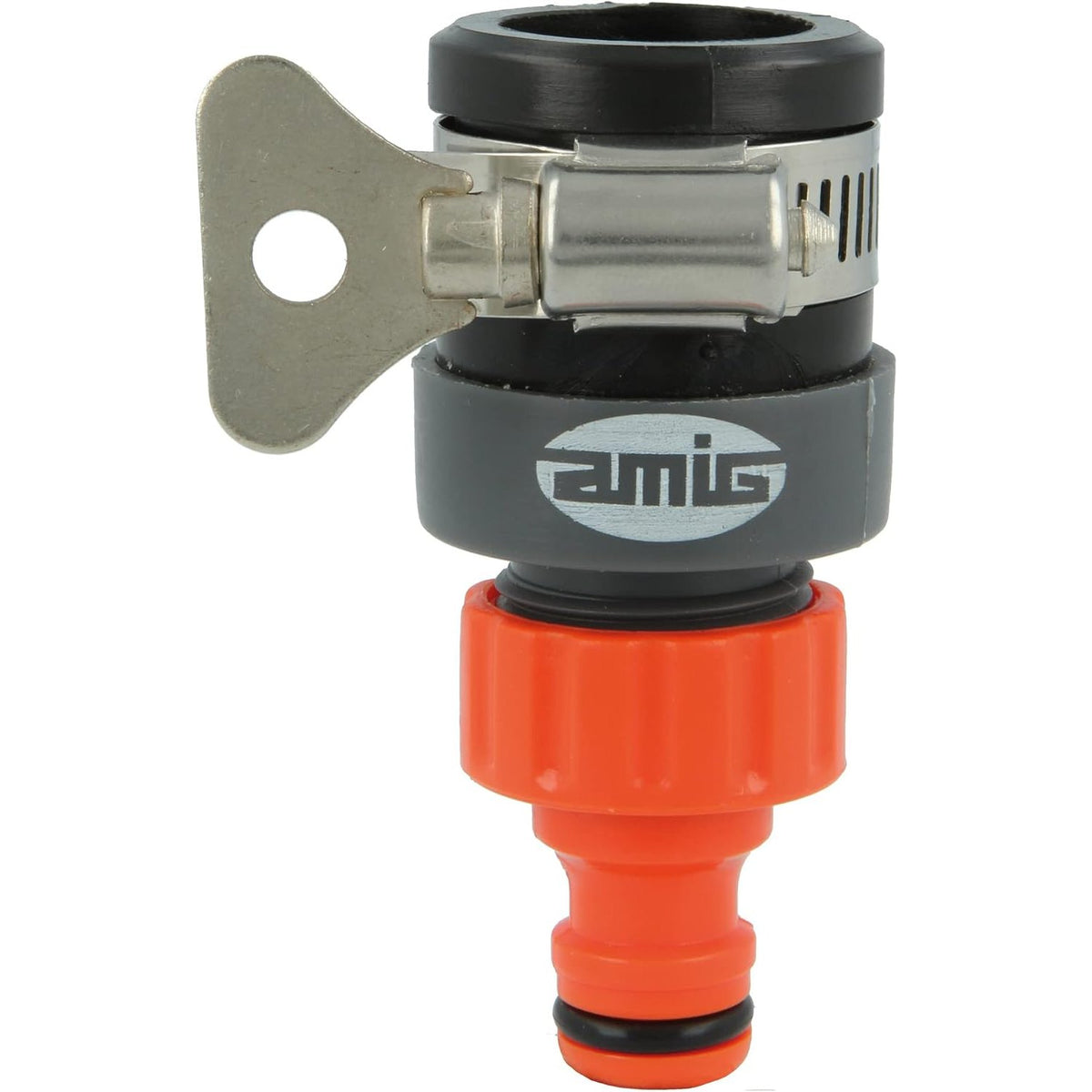 335640 - AMIG Përshtatës rubineti uji për ujitje pa fileto - Mbërthim me kapëse për rubinete deri në Ø 23.75 mm - ABS dhe gome - Portokalli/Gri - Modeli R04 PLUS