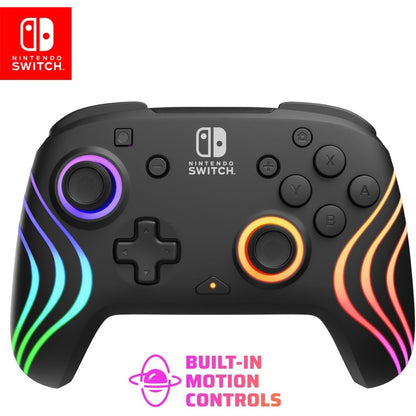 13555 - Kontroller pa tel për lojëra PDP Afterglow Wave RGB – i përshtatshëm për Nintendo Switch, Switch Lite, Switch (modeli OLED), Nintendo Switch 2 – me ndriçim LED dhe bateri të rikarikueshme – ngjyrë e zezë.