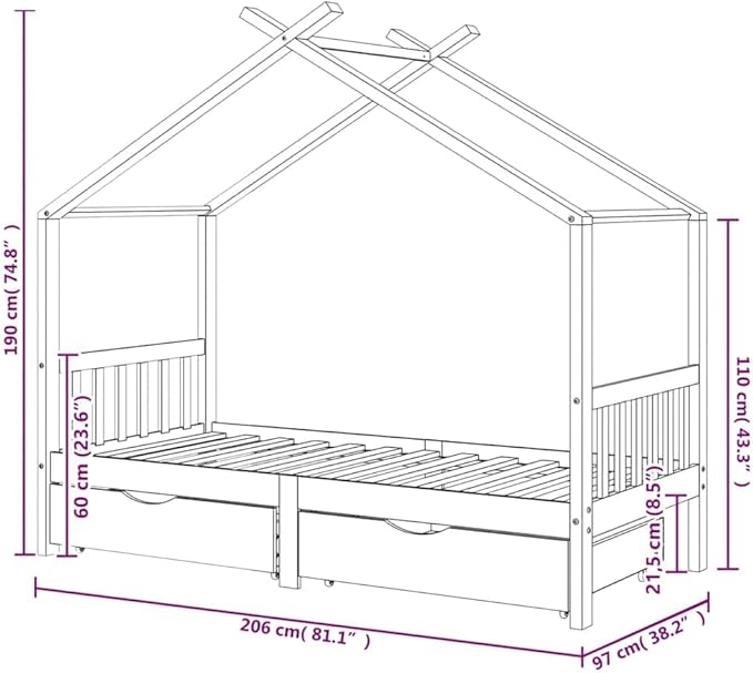 181526 - VIDAXL Kornizë Shtrati për Fëmijë 90×200 cm, Dru Pishe i Fortë, me Dyer, Dizajn Shtëpie Druri, Ngjyrë Gri e Errët