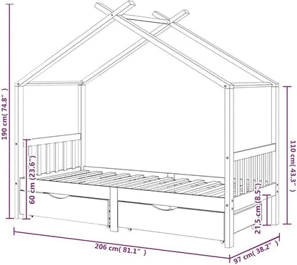 181526 - VIDAXL Kornizë Shtrati për Fëmijë 90×200 cm, Dru Pishe i Fortë, me Dyer, Dizajn Shtëpie Druri, Ngjyrë Gri e Errët