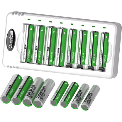305346 - GRANICELL Karikues Baterie me 8 Vende, 16 Bateri (8x AA 2800mAh + 8x AAA 1100mAh), Bateri të Rikarikueshme 1.2V Ni-MH, Set Kombinimi Familjar XXL