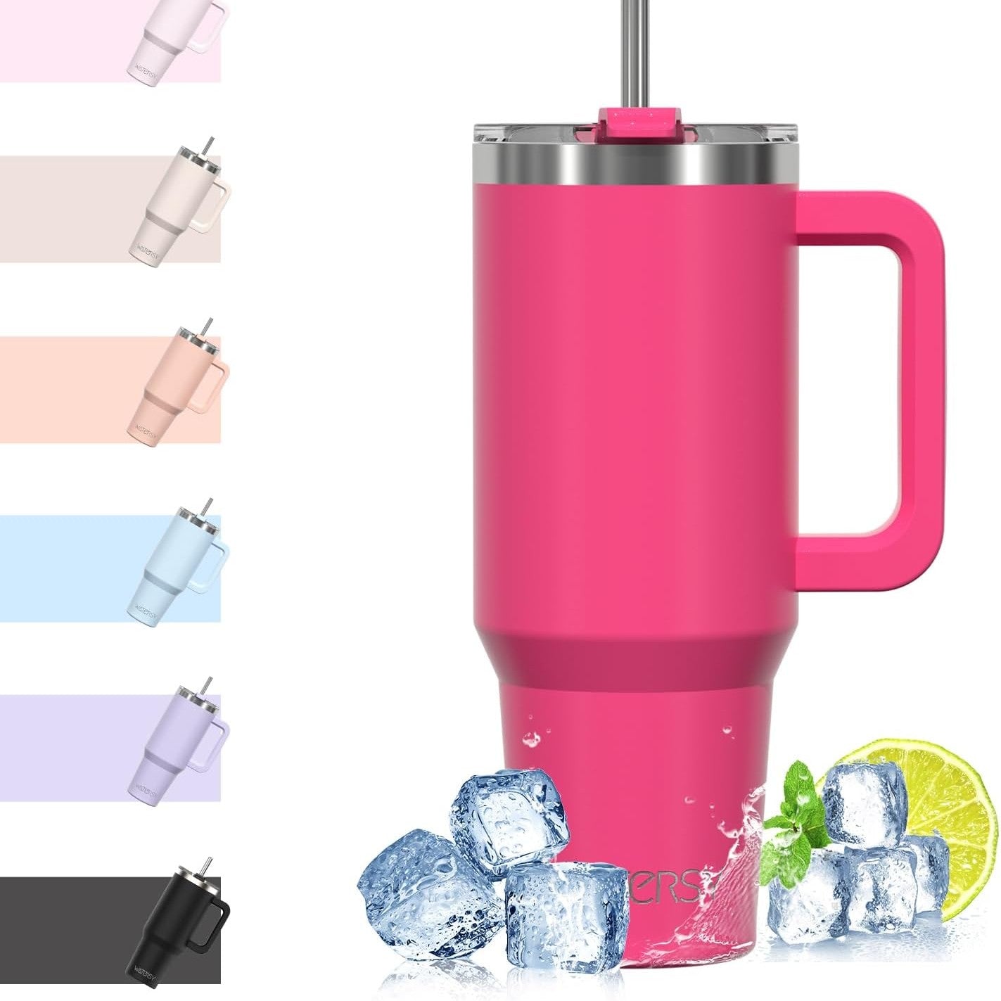 168861 - WATERSY Filxhan Kafeje Portativ 40oz, me Dy Mure prej Çeliku Inox, i Pandedimshëm, me Dorezë dhe Pipëz, Gotë Termike Rozë e Errët për Pije të Nxehta dhe të Ftohta