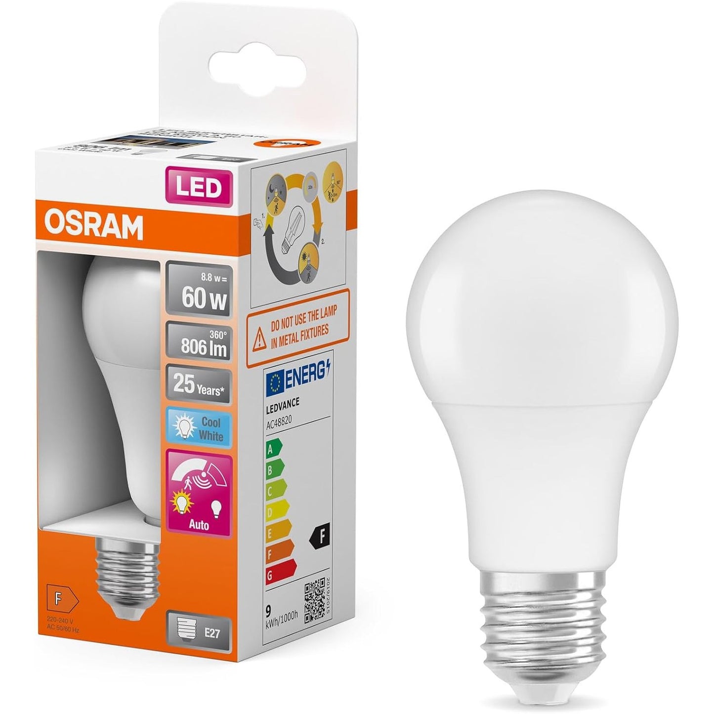 230000 - OSRAM Llambë LED me Sensor Lëvizjeje A60, 8.8W, 840, 4000K E Bardhë e Ftohtë, E27, 806 lm, Diapazon 3m, Sensor Drite Dite