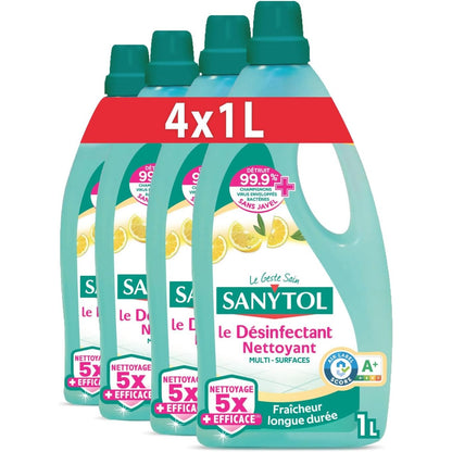 297398 - SANYTOL - Pastrues Dezinfektues për Shumë Sipërfaqe - Me Aromë Limoni - 1L - Pako me 4 - Pa zbardhues, Vlerësimi i Etiketës së Ajrit A+ - Formulë e re, pastrues 5 herë më i fuqishëm - Freski që zgjat