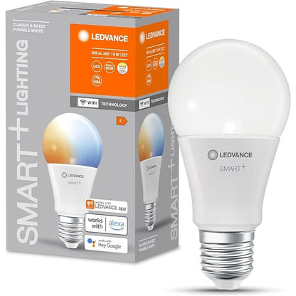 141738 - LEDVANCE Smart+ WiFi LED llambë, 9W, 806lm, formë klasike me bazë E27, dritë e bardhë e rregullueshme dhe dimmable. Kontroll me aplikacion ose zë, jetëgjatësi deri 20,000 orë. Paketë me 4 copë.