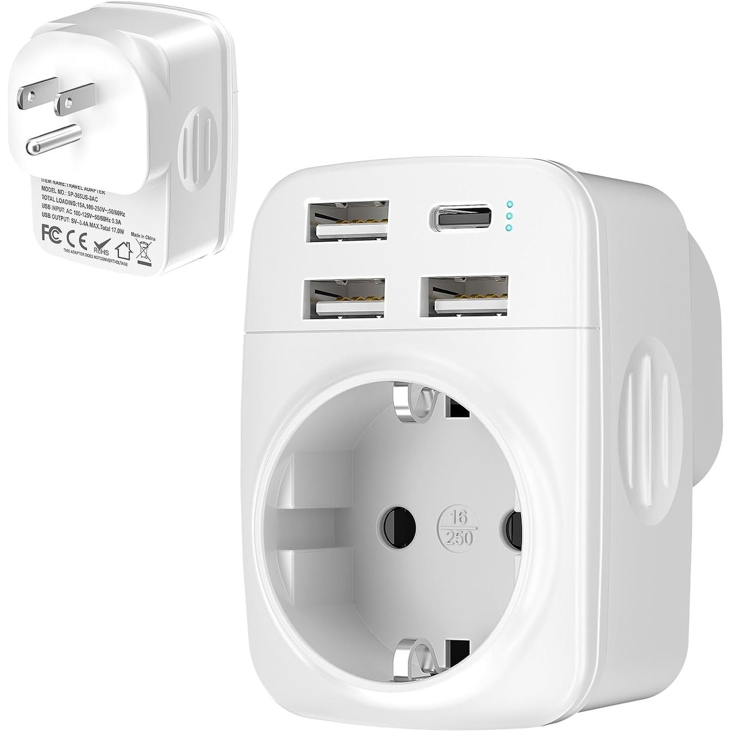 269094 - Hoppac Adaptues 5-në-1 SHBA, Spinë Gjermanie, Prizë Adaptuese SHBA me 3 USB A dhe 1 USB C për Kanada, Meksikë, Antigua dhe Barbuda, Aruba, Bahamas, Barbados, Belize, Bermuda, Kolumbi, Kosta Rika