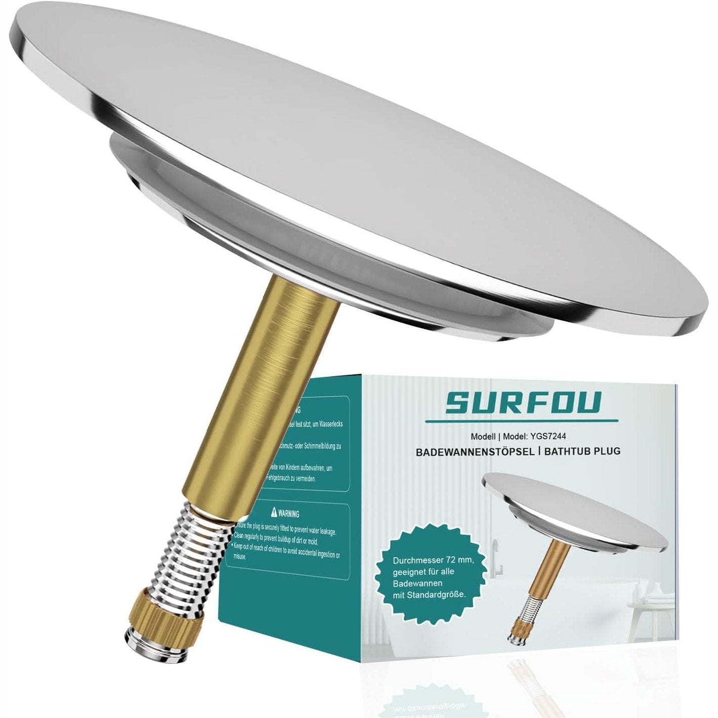 215789 - SURFOU Tapë për vaskë, Diametër 72 mm, Tapë Universale për Vaskë, Unazë Vulosëse 44 mm, e përshtatshme për Kulluesin e Vaskës