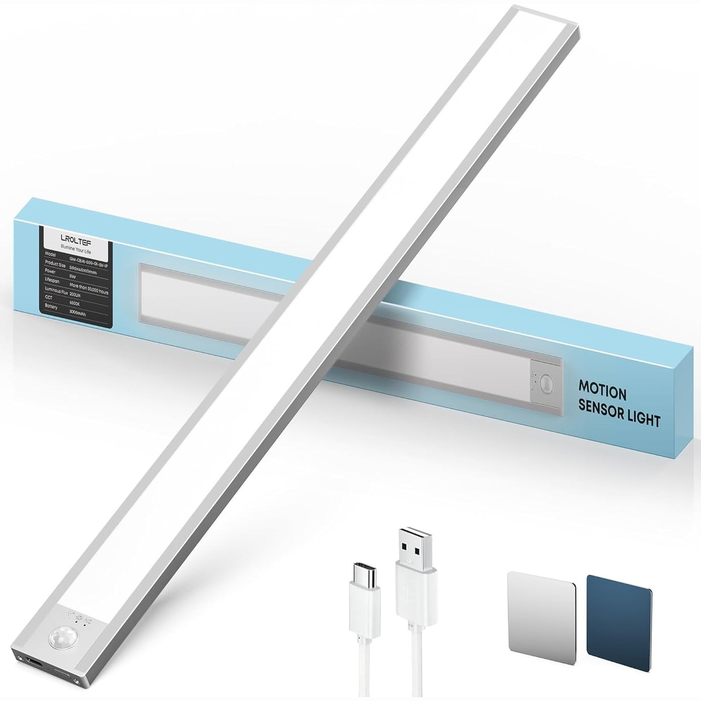 228030 - LROLTEF Drita nën dollap kuzhine me sensor lëvizjeje të errësuar 50cm 3000mAh 6500K LED, USB-C i rikarikueshëm, dritë nate për raftet e kuzhinës, shkallët, dollapin, 1 pako