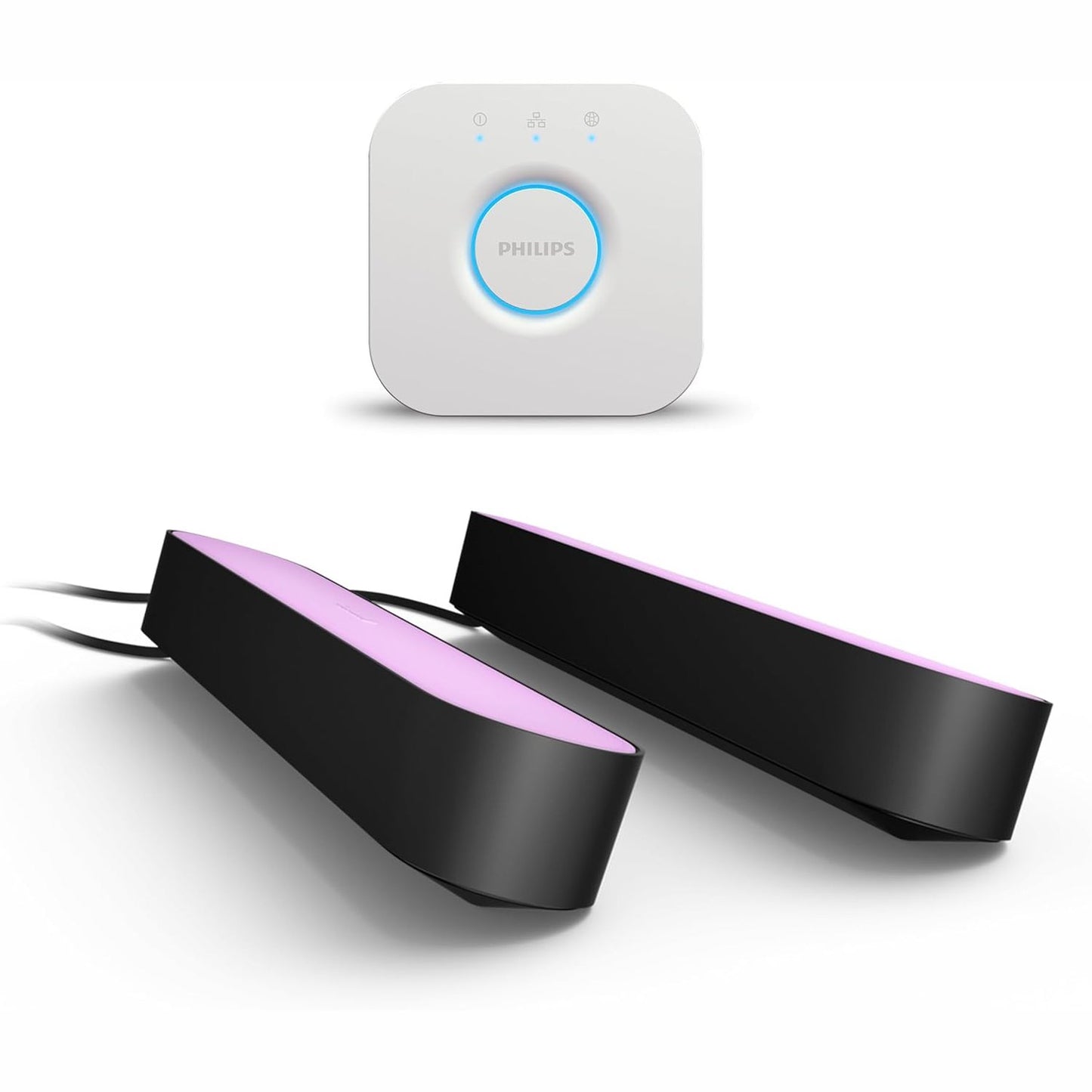 250045 - PHILIPS Hue White & Color Ambiance Play Lightbar, 2 copë (500 lm) dhe Hue Bridge, shirit ndriçimi LED i errësueshëm, 16 milion ngjyra, kontroll inteligjent, i zi