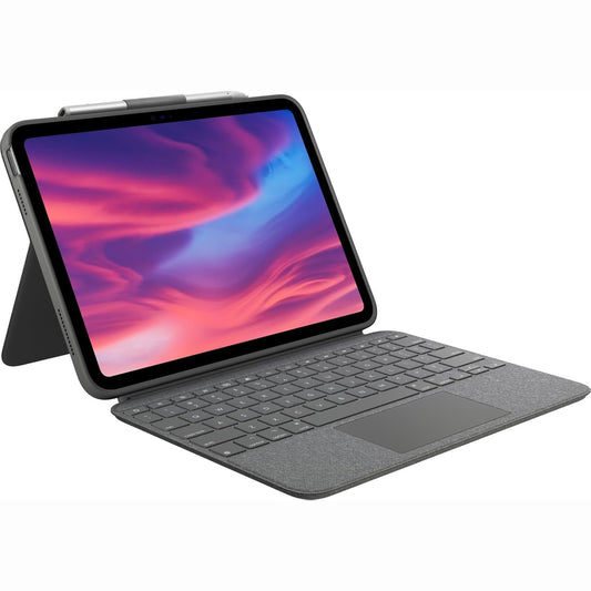 267679 - LOGITECH Kutia Combo me prekje me tastierë të shkëputshme për iPad (gjenerata e 10-të dhe A16), Trackpad i madh preciz, tastierë me ndriçim të plotë, lidhës inteligjent, QWERTZ gjerman - gri