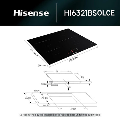 83154 - HISENSE HI6321BSOLCE - Sobë Induksioni, 3 Zona me Djegës Gjigant 32cm, 2 Zona Urash të Ndërlidhura, Sipërfaqe Pune 60cm, Siguri për Fëmijë, Përfundim i Pjerrët