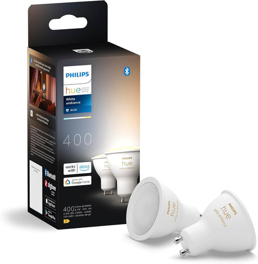 221317 - PHILIPS Hue White Ambiance GU10 LED Spot, pako me 2 llamba LED (400lm), me errësim, kontroll inteligjent të dritës