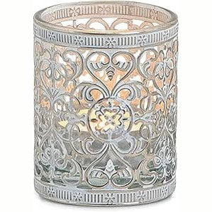 195410 - BELLADECORA Mbajtëse Çaji prej Qelqi dhe Metali në Ngjyrë Argjendi Antike, 12x, Dimensionet 8x8 cm