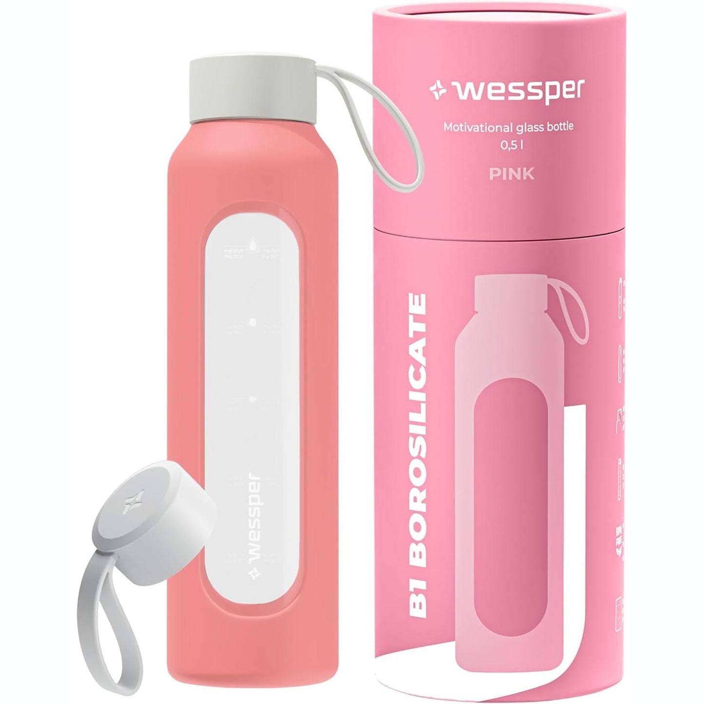 223971 - WESSPER Shishe Uji 500ml, Shishe Qelqi Borosilikati me Mbështjellëse Silikoni, Material pa BPA - Rozë