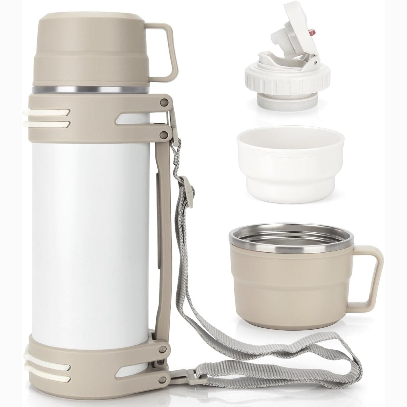 214648 - Termos 1.5L, Termos me 2 Filxhanë, Shishe e Izoluar me Çelik Inoks me Dy Mure, mban pije të nxehta për 18 orë / të ftohta për 24 orë, e Bardhë