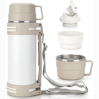 214648 - Termos 1.5L, Termos me 2 Filxhanë, Shishe e Izoluar me Çelik Inoks me Dy Mure, mban pije të nxehta për 18 orë / të ftohta për 24 orë, e Bardhë