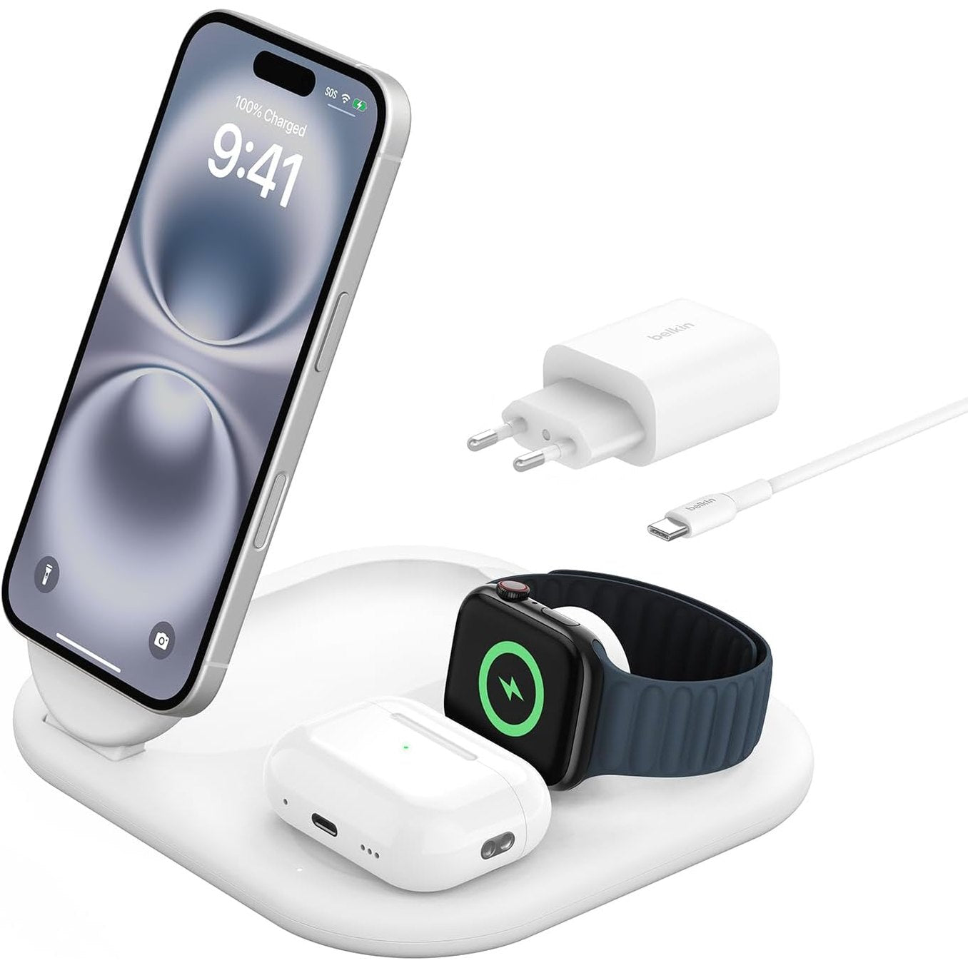 188688 - BELKIN - Mbajtësë Karikimi pa Tel 3-në-1 BoostCharge Qi2, 15W, e Pajtueshme me MagSafe për Apple iPhone, Air, Watch, AirPods, me Adaptor Energjie, ngjyra e bardhë