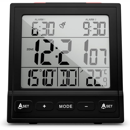 215236 - MEBUS Orë dixhitale me alarm radioje me termometër, dy orare alarmi, rregullim automatik i kohës, model 25581