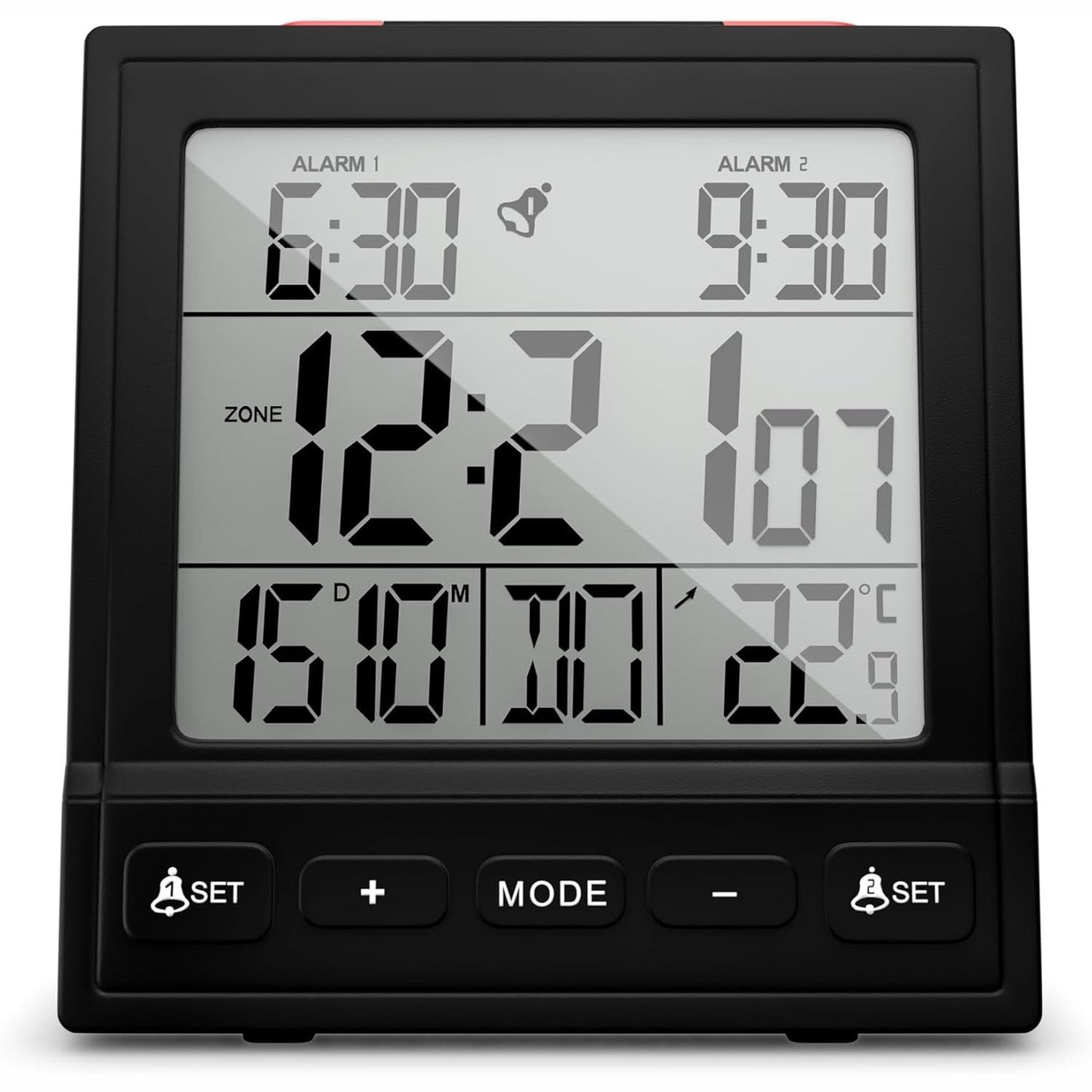223518 - MEBUS ORË DIXHITALE ME ALARM RADIOJE ME TERMOMETËR, DY ORARE ALARMI, FUNKSION SHTYRJE, RREGULLIM AUTOMATIK I KOHËS SË VERËS/DIMRIT, NGJYRA: E ZEZË, MODEL: 25581