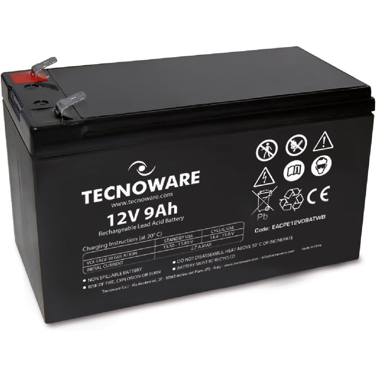 310006 - Tecnoware Power Systems Bateri plumbi-acidi e mbyllur 12V 9Ah, për UPS, CCTV dhe sisteme alarmi, Terminal Faston 6.3 mm, Përmasat 15.1 x 9.4 x 6.5 cm